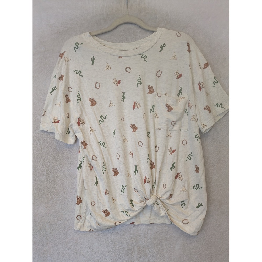 No Boundaries T-Shirt Women's L Cream Western Cowboy Boot Cactus Tie
